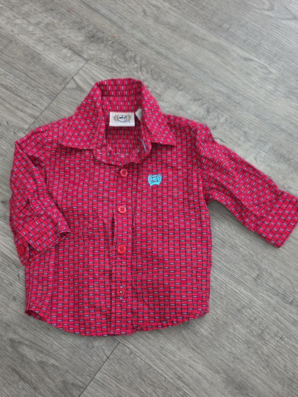 Cinch 3-6m New Without Tags Buttonup Plaid Red Shirt Light Blue Logo